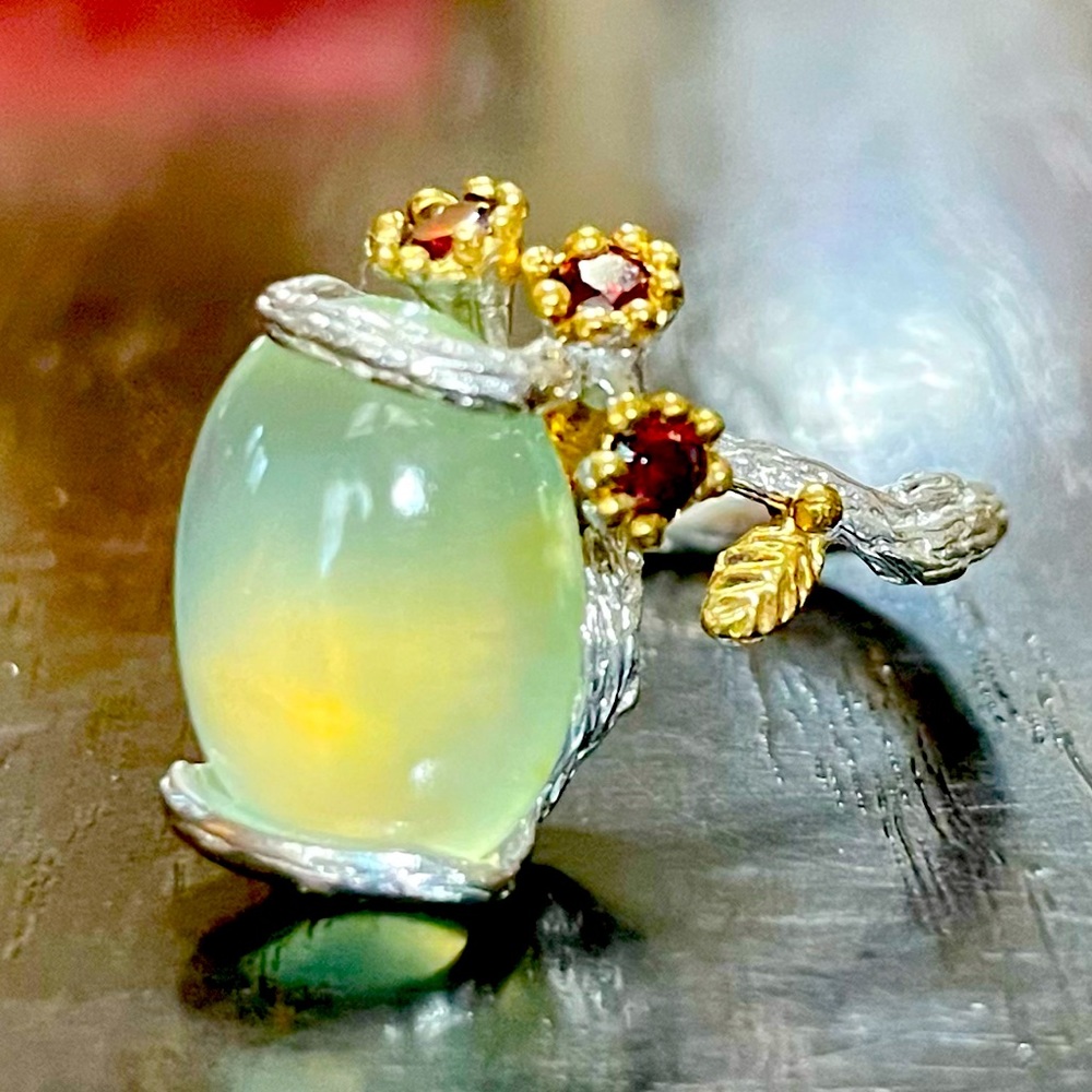 SOLD Phrenite Boho Silver Branch ring with garnet flowers